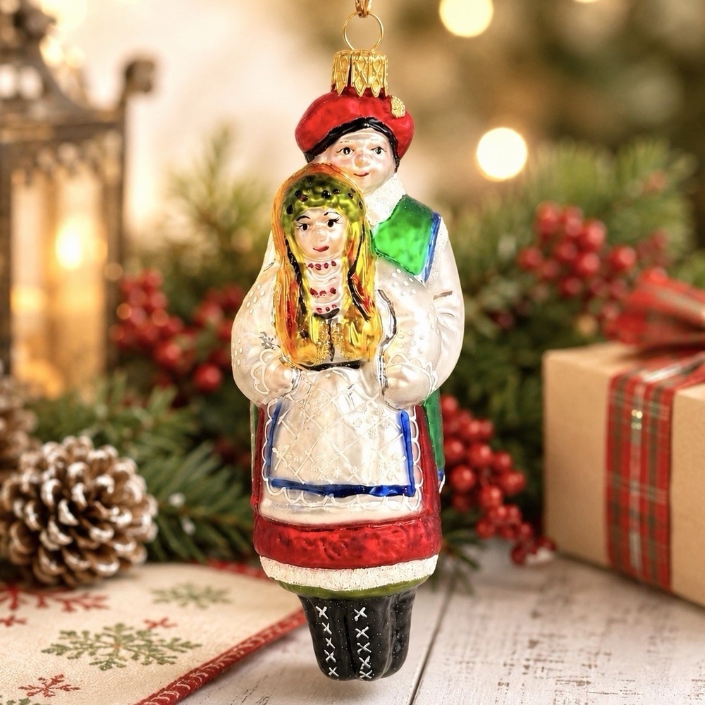 Vintage Hand Blown Glass Christmas Ornament Folk Couple Made In Poland Retro 6"